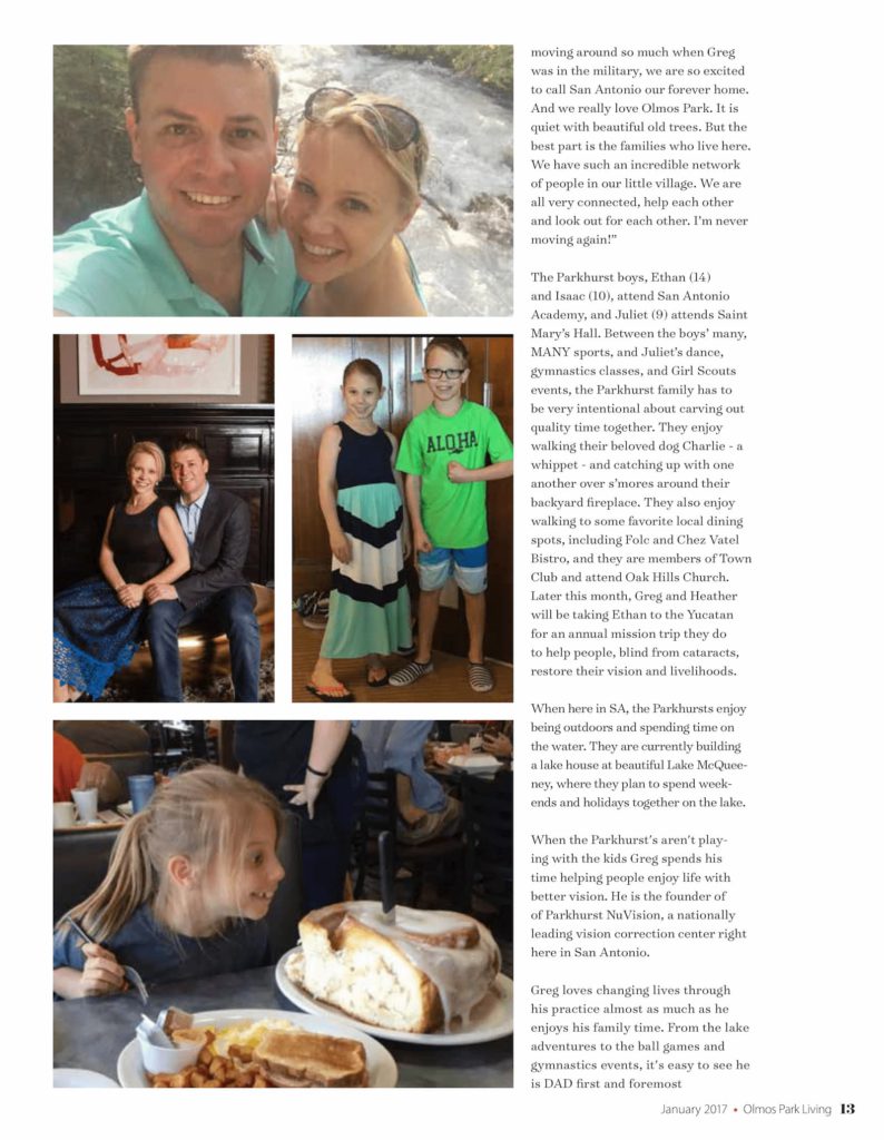 Inside page of the magazine featuring multiple pictures of the Parkhurst family members