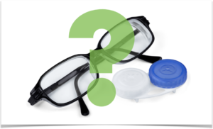 pair of glasses and contacts with question mark overlapping. 