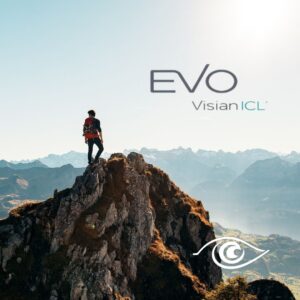 evo visian ICL logo and man standing on top of a mountain