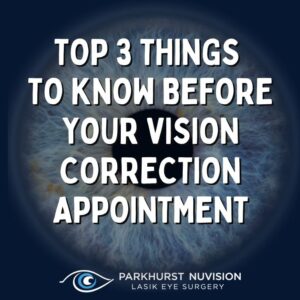 blog graphic that reads: top 3 things to know before your vision correction appointment